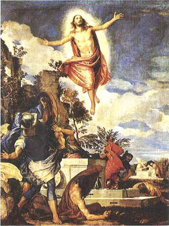 PAOLO VERONESE "RESURREZIONE DI CRISTO" , 1572-76 , DRESDA , GEMLDEGALERIE . MENTRE A SINISTRA I SOLDATI SI RITRAGGONO IMPOTENTI E IMPAURITI , SULLO SFONDO LE DONNE SOPRAGGIUNGONO AL SEPOLCRO , ATTESE DAGLI ANGELI , E CRISTO SI LIBRA E GUARDA IN ALTO A BRACCIA APERTE .