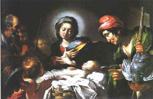 BERNARDO STROZZI , ADORAZIONE DEI PASTORI , 1616-18 .  Baltimora, Watters Art Gallery .  IL PASTORE DI DESTRA PORTA AL MESSIA COME DONO , UN POLLO . A SINISTRA TRA I PASTORI E' VISIBILE UN ANGELO IN FORMA DI FANCIULLO : L' ADORAZIONE DEI SEMPLICI PASTORI E' PERCIO' CONVALIDATA E SUBLIMATA DAL FATTO CHE AD ESSI SI UNISCONO GLI ANGELI ADORANTI .